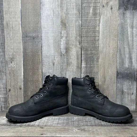 Big Kids Timberland Classic Black Leather 6&quot; Premium Cuff Ankle Boots Size 5 Y