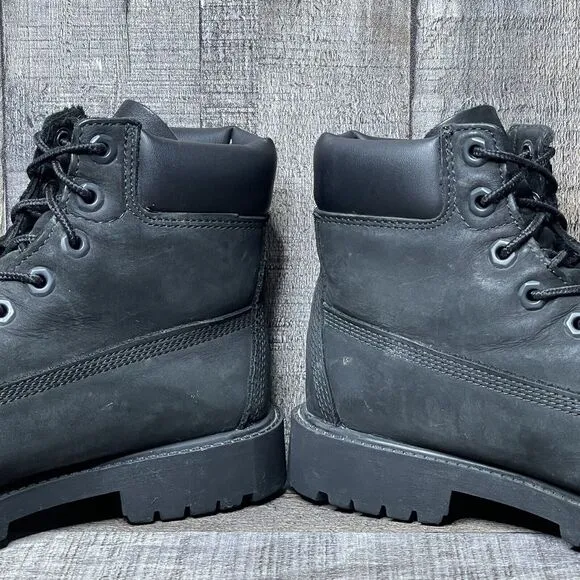 Big Kids Timberland Classic Black Leather 6&quot; Premium Cuff Ankle Boots Size 5 Y