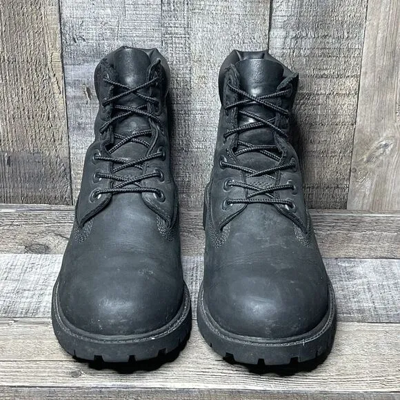 Big Kids Timberland Classic Black Leather 6&quot; Premium Cuff Ankle Boots Size 5 Y