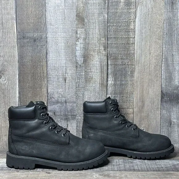 Big Kids Timberland Classic Black Leather 6&quot; Premium Cuff Ankle Boots Size 5 Y