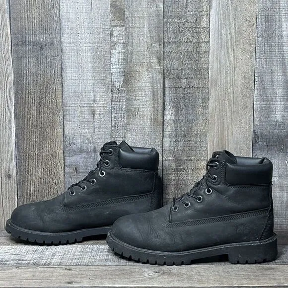 Big Kids Timberland Classic Black Leather 6&quot; Premium Cuff Ankle Boots Size 5 Y