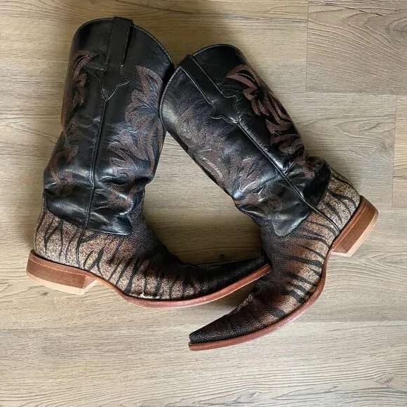 Bilbo Western Men's Black Leather Animal Print Boots 8.5  Pointed Toe Flawed!