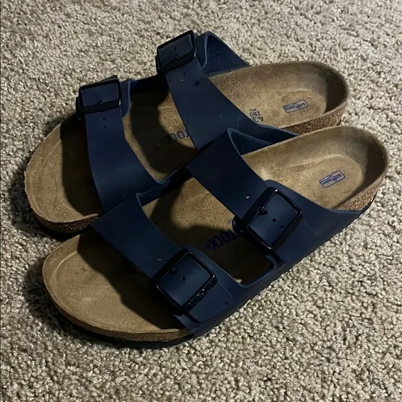 Birkenstock Arizona Birko Flor Navy Double-Strap Sandals, worn once indoors