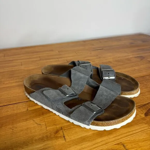 Birkenstock Gunmetal Gray Suede Leather Buckle Slide Sandals Size 40