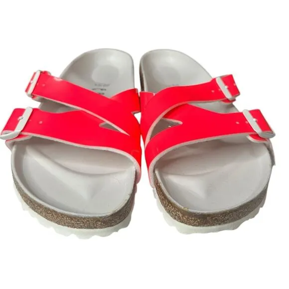 BIRKENSTOCK YAO Balance Birko Flor Leather Slide Sandals NEON PINK Womens 7 / 38