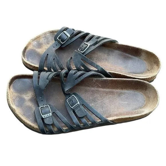 Birkenstock Womens Grenada Sandals 10 Black Leather Buckles Softbed Year Around