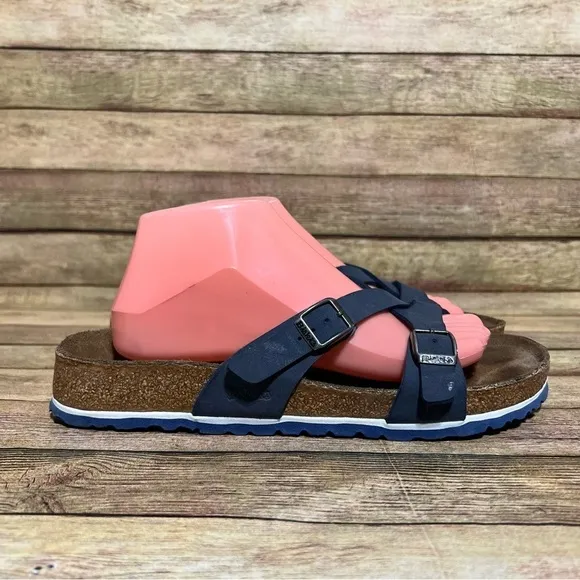 Birki’s Blue Leather Crisscross Sandals