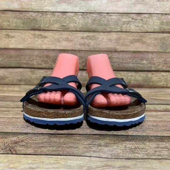 Birki’s Blue Leather Crisscross Sandals
