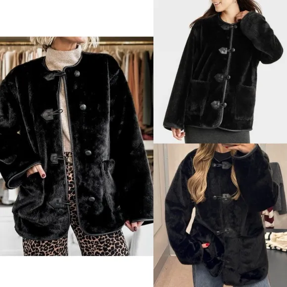 Black faux fur button jacket