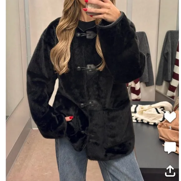 Black faux fur button jacket