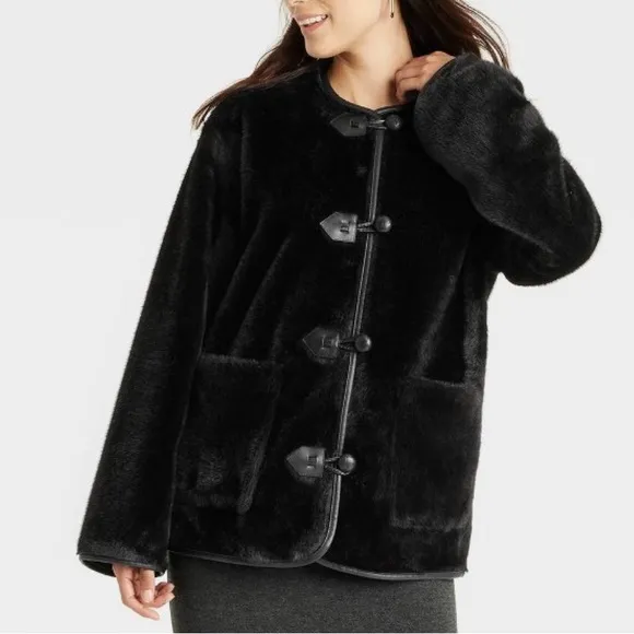 Black faux fur button jacket