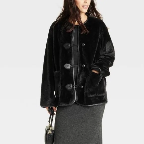 Black faux fur button jacket