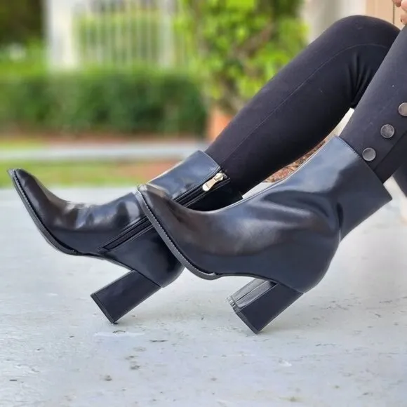 Black High Chunky Heeled Boots Zip Up Square Toe Ankle Booties