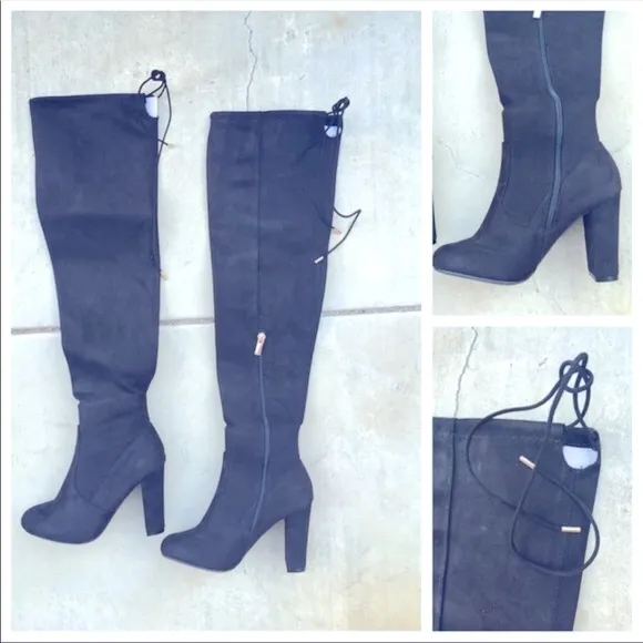 Black OTK fitted slouchy chunky heels boots