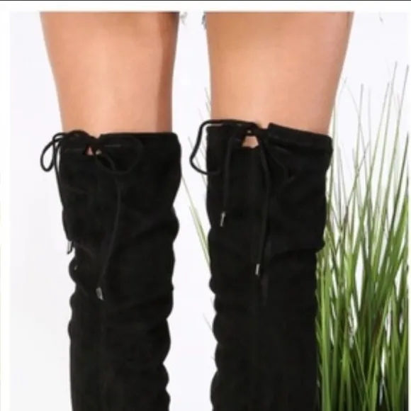Black OTK fitted slouchy chunky heels boots