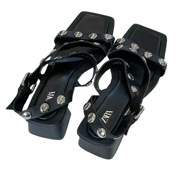 Black Studded Strappy Sandals, Zara