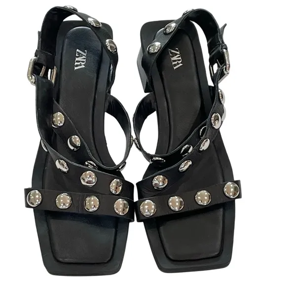 Black Studded Strappy Sandals, Zara