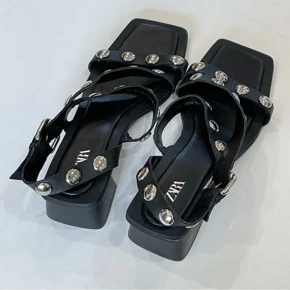 Black Studded Strappy Sandals, Zara