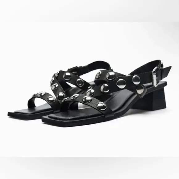 Black Studded Strappy Sandals, Zara