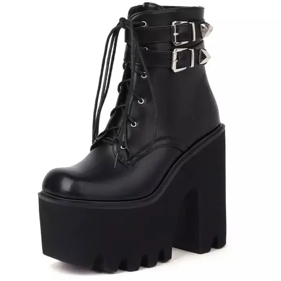 Black Lace Up Double Buckle Straps Chunky Heel Platform Boots NEW