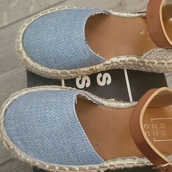 Blue Sandals with Jute Sole and Tan Ankle Strap