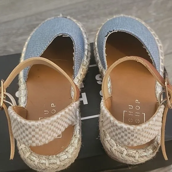 Blue Sandals with Jute Sole and Tan Ankle Strap