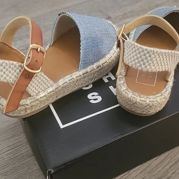 Blue Sandals with Jute Sole and Tan Ankle Strap