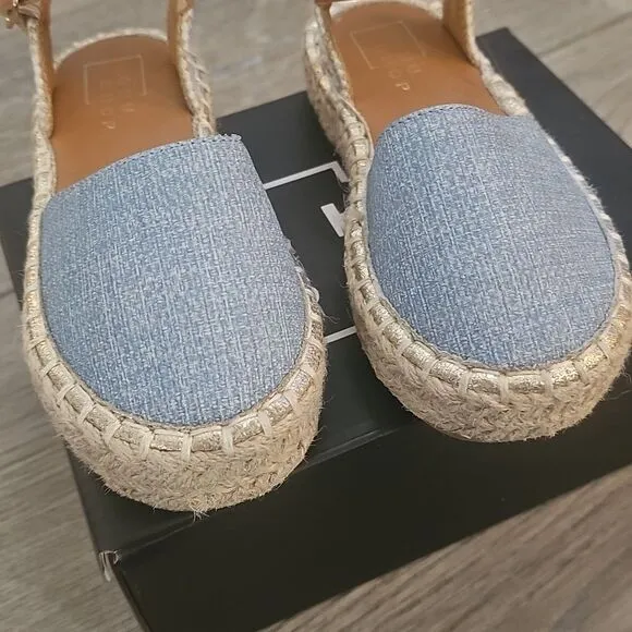 Blue Sandals with Jute Sole and Tan Ankle Strap