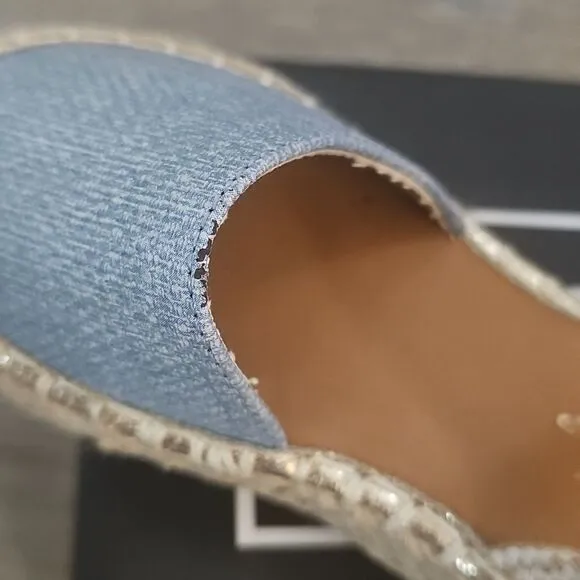 Blue Sandals with Jute Sole and Tan Ankle Strap