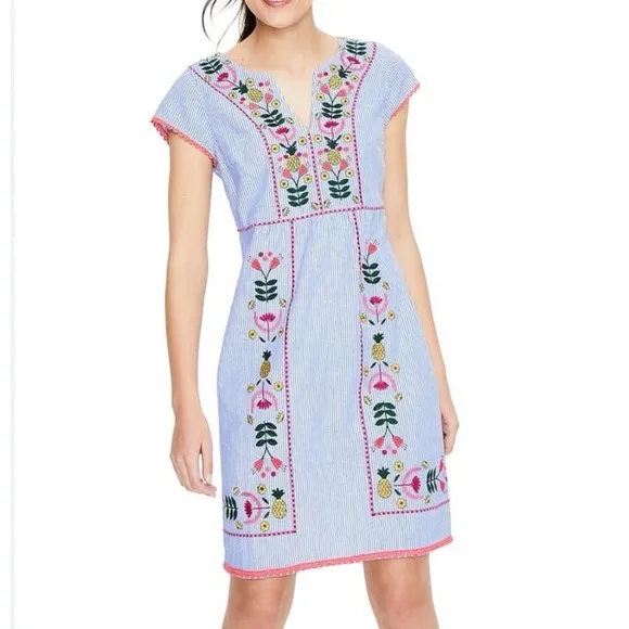 Boden Dress Sz 8 Long Bea 100% Linen Floral Embroidery Pineapple Beach Vacation