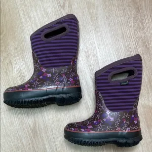 Bogs Little Girls Purple Flower Striped Waterproof Boots Size EU 25 US Kids 9
