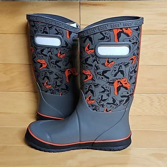 BOGS Rain Boots Cool Dinos Dinosaur Boys Girls Waterproof Shoe Gray Black