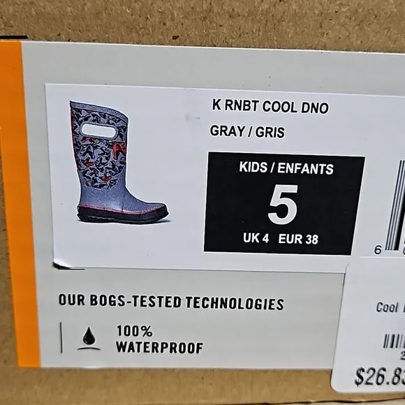 BOGS Rain Boots Cool Dinos Dinosaur Boys Girls Waterproof Shoe Gray Black