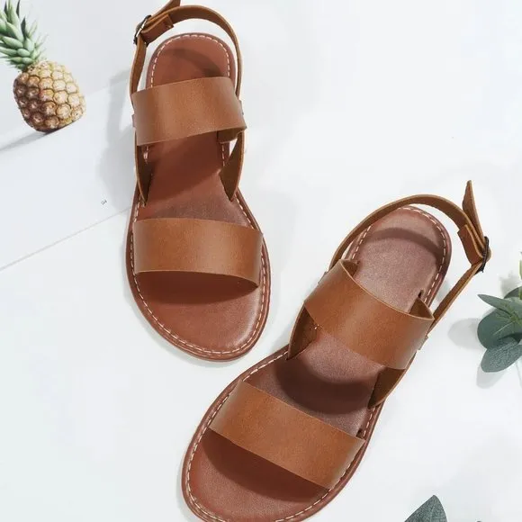 Boho Twin Strap Artificial Leather Open Toe Ankle Strap Sandals brown
