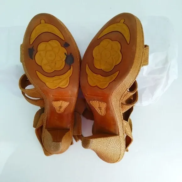 Born Crown Brown Snakeskin Leather Huge Flower Open Toe Sling Back Sandals Sz7