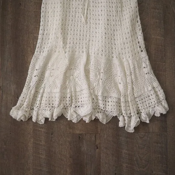 Boston Proper hippie Boho White Crochet drawstring stretch waist Skirt sz M