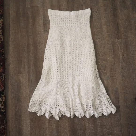 Boston Proper hippie Boho White Crochet drawstring stretch waist Skirt sz M