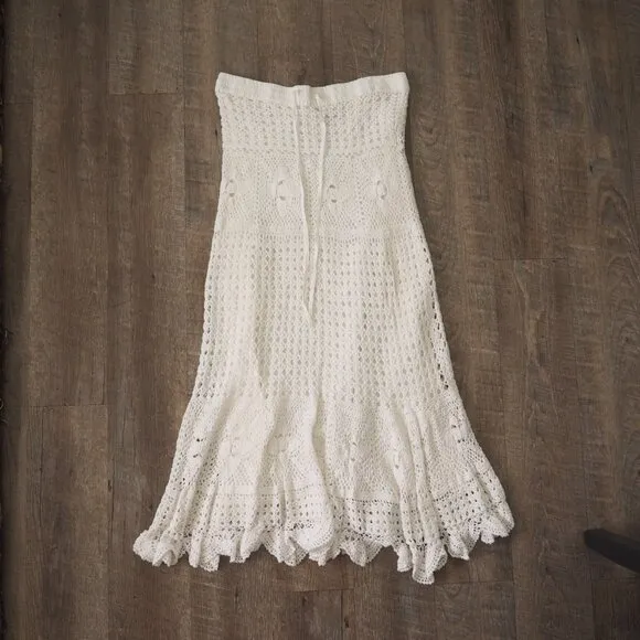 Boston Proper hippie Boho White Crochet drawstring stretch waist Skirt sz M