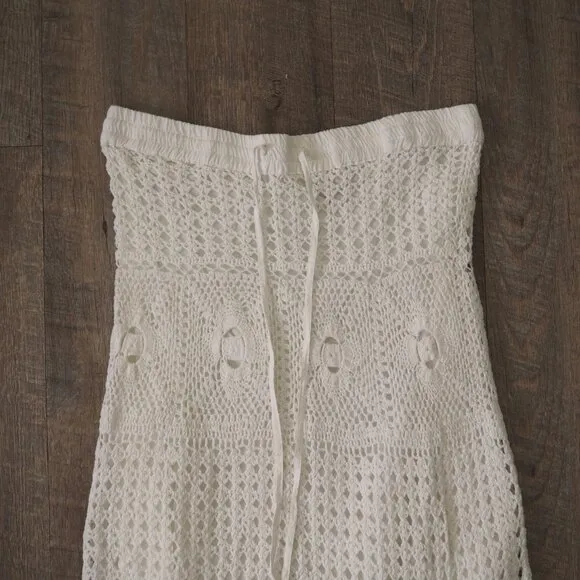 Boston Proper hippie Boho White Crochet drawstring stretch waist Skirt sz M