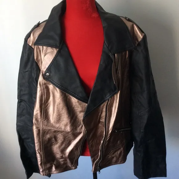 BRAND NEW NWT Metallic Bronze &amp; Black Faux Leather Moto Jacket 26