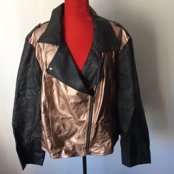 BRAND NEW NWT Metallic Bronze &amp; Black Faux Leather Moto Jacket 26