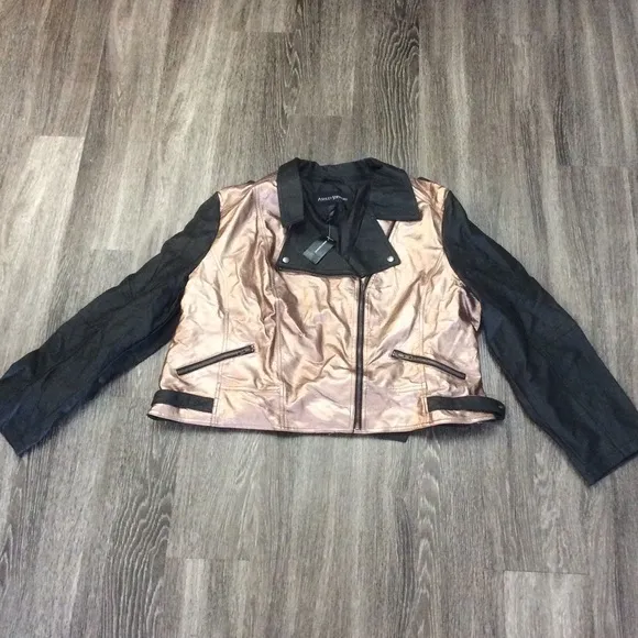 BRAND NEW NWT Metallic Bronze &amp; Black Faux Leather Moto Jacket 26