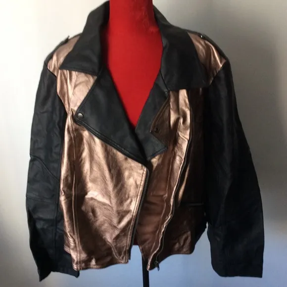 BRAND NEW NWT Metallic Bronze &amp; Black Faux Leather Moto Jacket 26