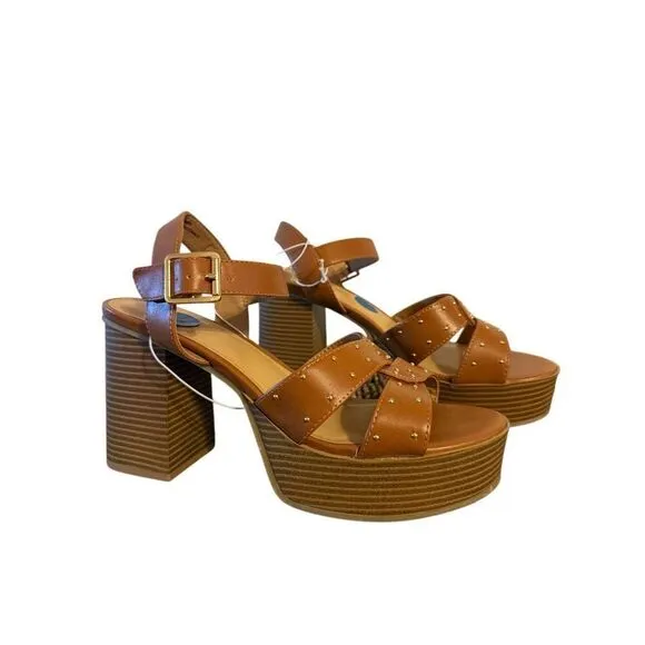 Brand New Report Haiti Platform Open Toe Brown Studded Ankle Strap Sandals 10
