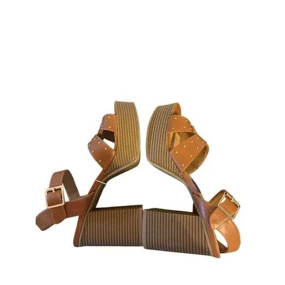 Brand New Report Haiti Platform Open Toe Brown Studded Ankle Strap Sandals 10