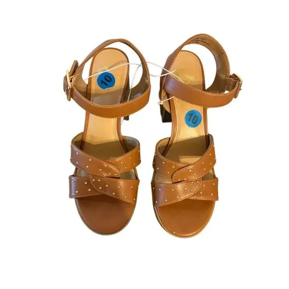 Brand New Report Haiti Platform Open Toe Brown Studded Ankle Strap Sandals 10