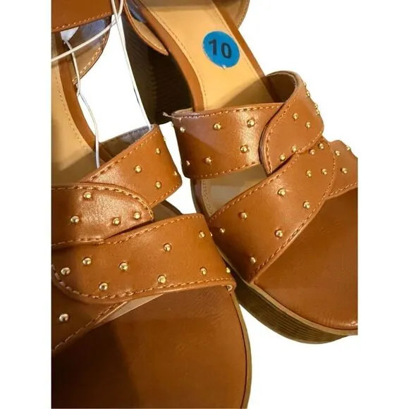 Brand New Report Haiti Platform Open Toe Brown Studded Ankle Strap Sandals 10