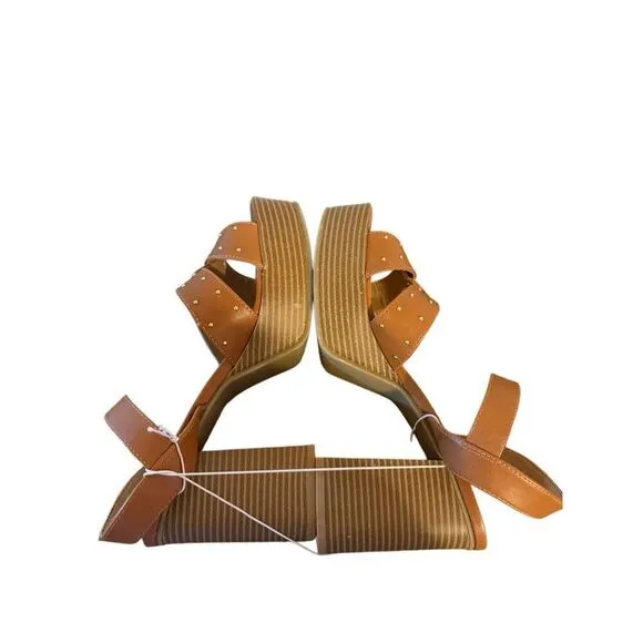 Brand New Report Haiti Platform Open Toe Brown Studded Ankle Strap Sandals 10