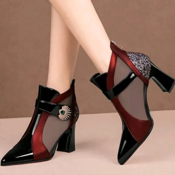 Breathable Mesh High Heel Ankle Boots, Comfortable Chunky Heel Short Boots