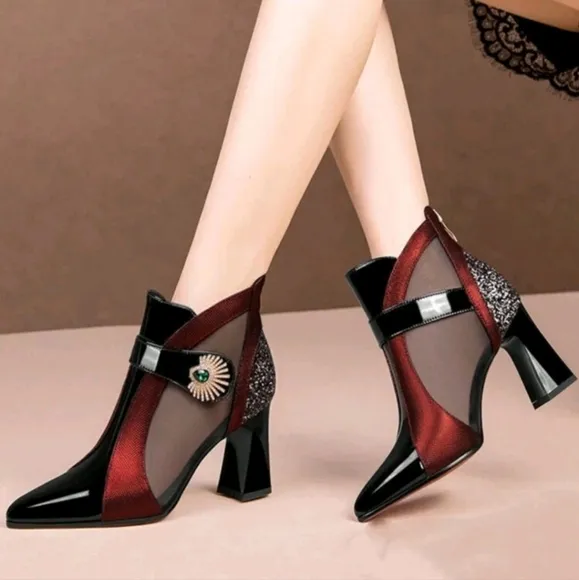 Breathable Mesh High Heel Ankle Boots, Comfortable Chunky Heel Short Boots